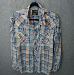 BKE Vintage 1967 men's long sleeve white pearl snap button plaid shirt Sz XXL .